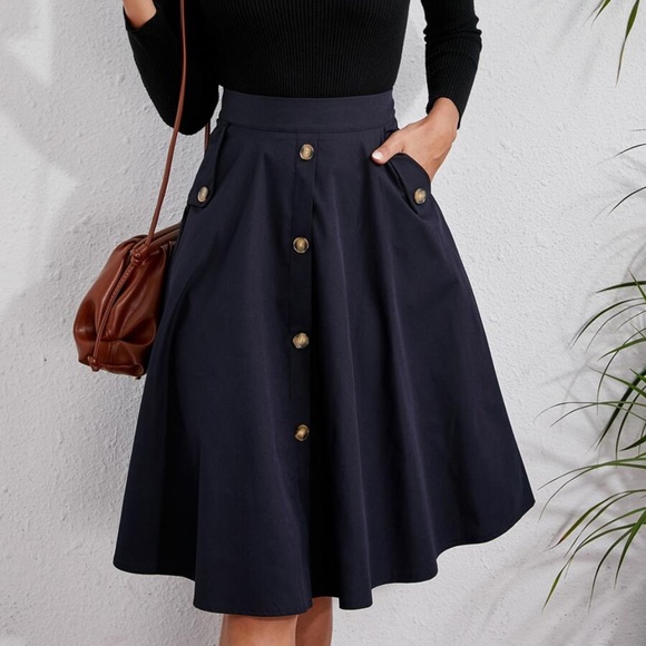 Classic Dark Green Button Detail Pocket Midi Skirt Work office - Picture 7 of 14